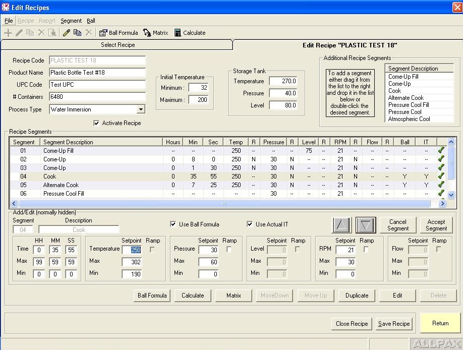 Retort Control Software - Retort Recipe Editing